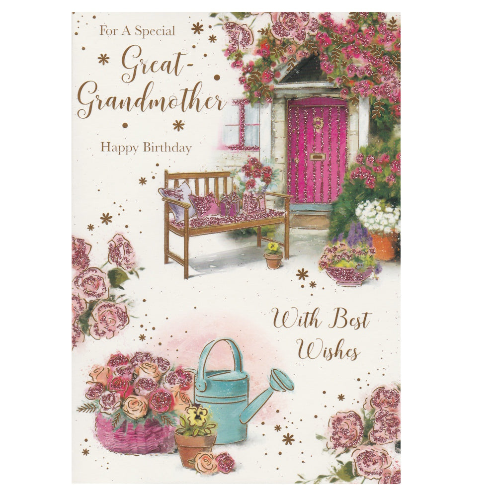 Front of this great grandmother card features an illustration of a door scene with a garden bench and flowers, paired with a message.