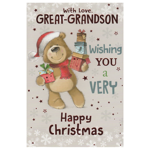Front of this great grandson Christmas card features an illustration of a bear wearing a Christmas hat holding a stack of presents, paired with a message.