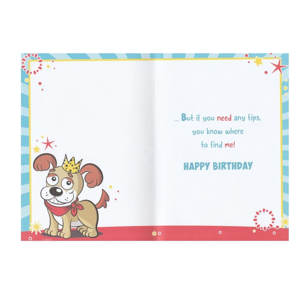 Front of this husband birthday card features a cartoon dog with the text 'WITH LOVE TO MY HUSBAND ON YOUR BIRTHDAY IT'S NOT EASY BEING WONDERFUL AMAZING AND PERFECT'.
