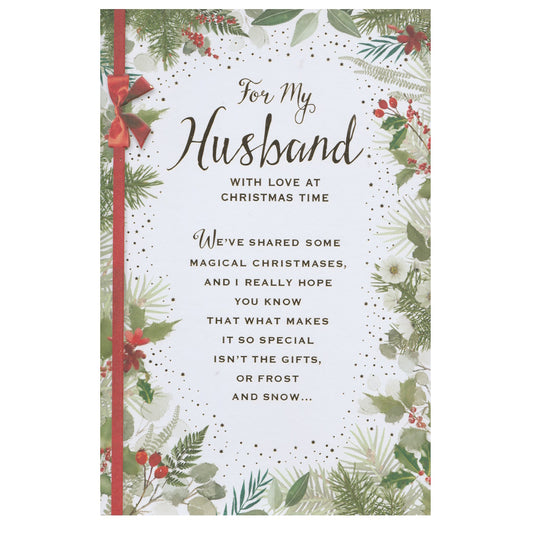 Front of this husband  Christmas card features a lovely Christmas themed verse surrounded by a border of seasonal foliage, paired with a message.