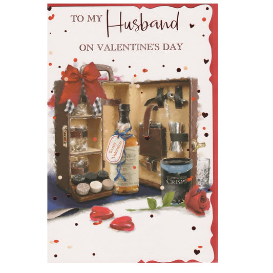 Front of this card features an illustration of a case with various cocktail items, paired with a message.