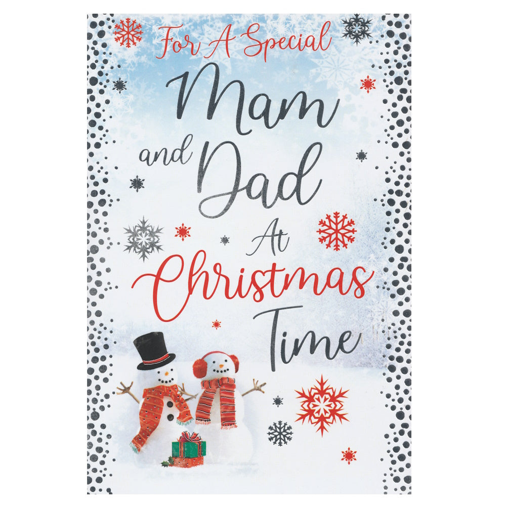 Front of this mam & dad Christmas features an illustration of a snow couple surrounded by red and silver snowflakes with a silver snow border, paired with a message.