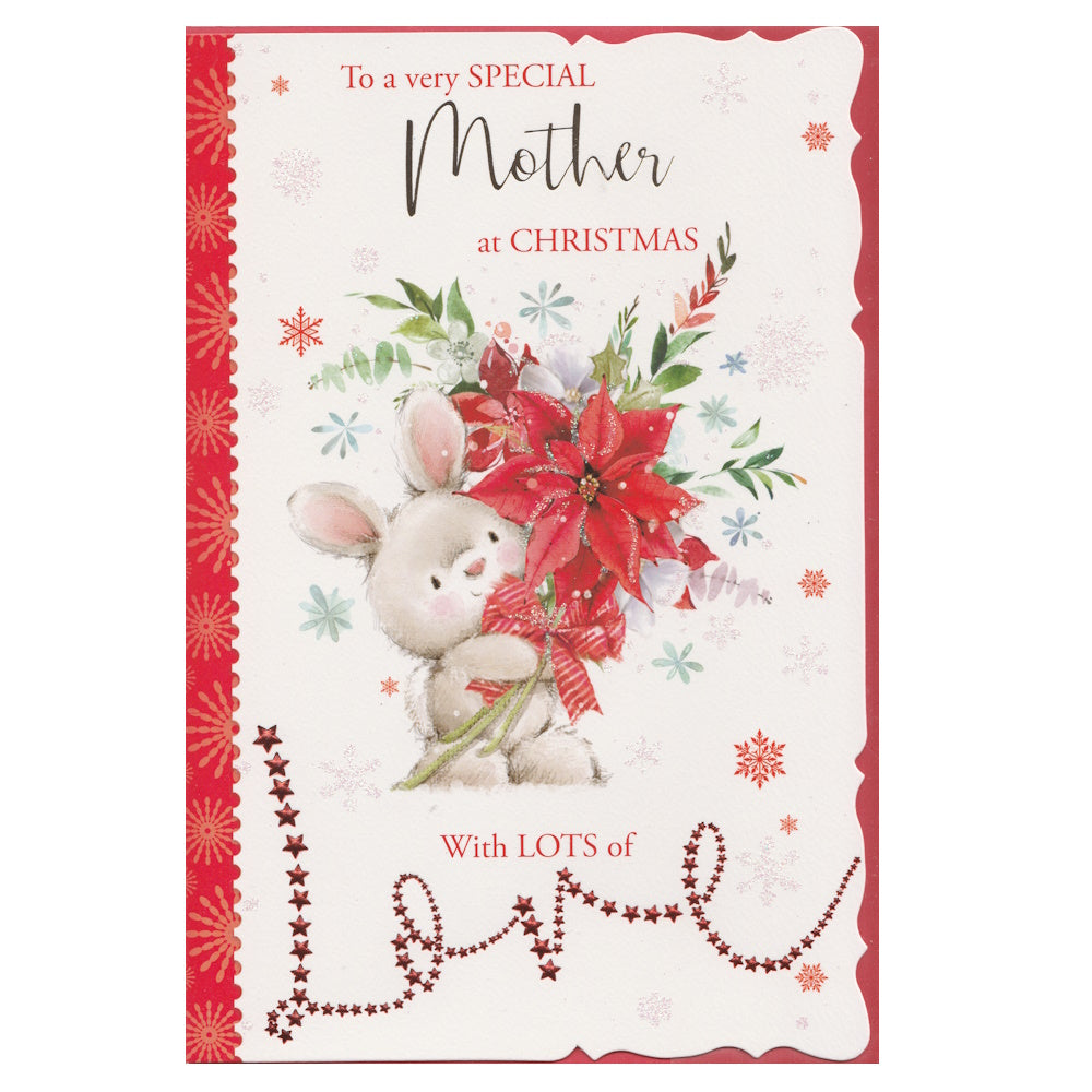 Front of this mother Christmas card features an illustration of a bunny rabbit holding a large poinsettia flower, paired with a message.