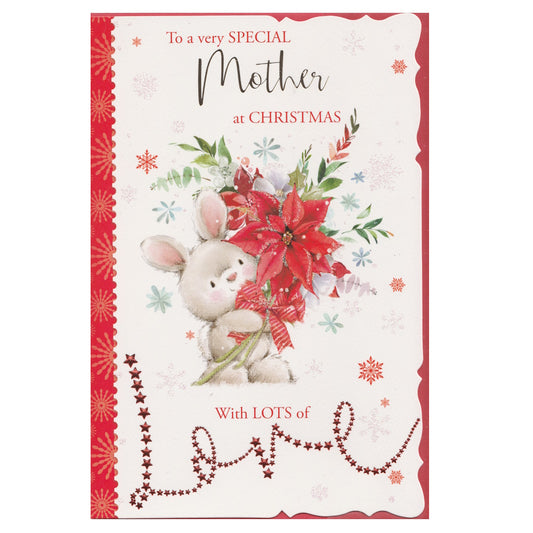 Front of this mother Christmas card features an illustration of a bunny rabbit holding a large poinsettia flower, paired with a message.