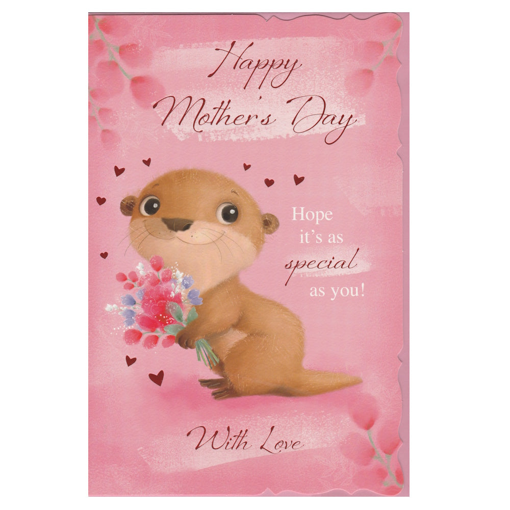 Front of this mother's day card features an illustration of a cute baby otter holding a posy of flowers surrounded by small red foil hearts on a pink back ground.