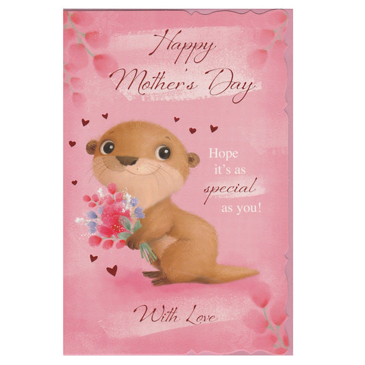 Front of this mother's day card features an illustration of a cute baby otter holding a posy of flowers surrounded by small red foil hearts on a pink back ground.