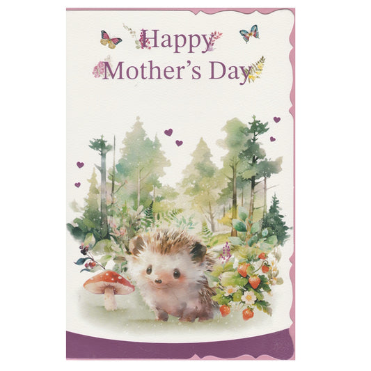 Front of this mother's day card features an illustration of a hedgehog in a mushroom and strawberry garden with the text 'Happy Mother's Day'.