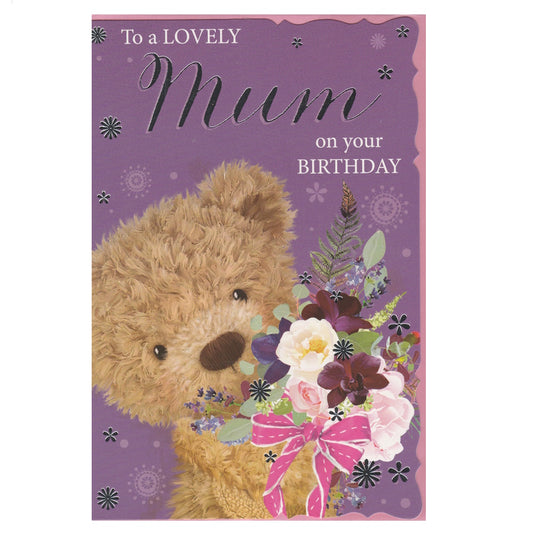 Front of this mum birthday card features an illustration of bear holding a bouquet of flowers with a pink and white bow, paired with a message.