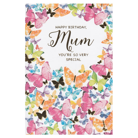 Front of this card features illustrations of multicoloured butterflies, paired with a message.