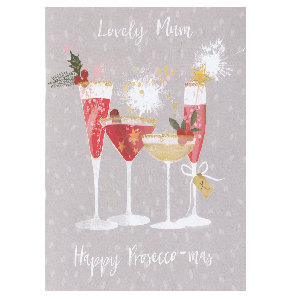 Front of this mum christmas greeting card features illustrations of cocktails on a grey background, paired with a message.