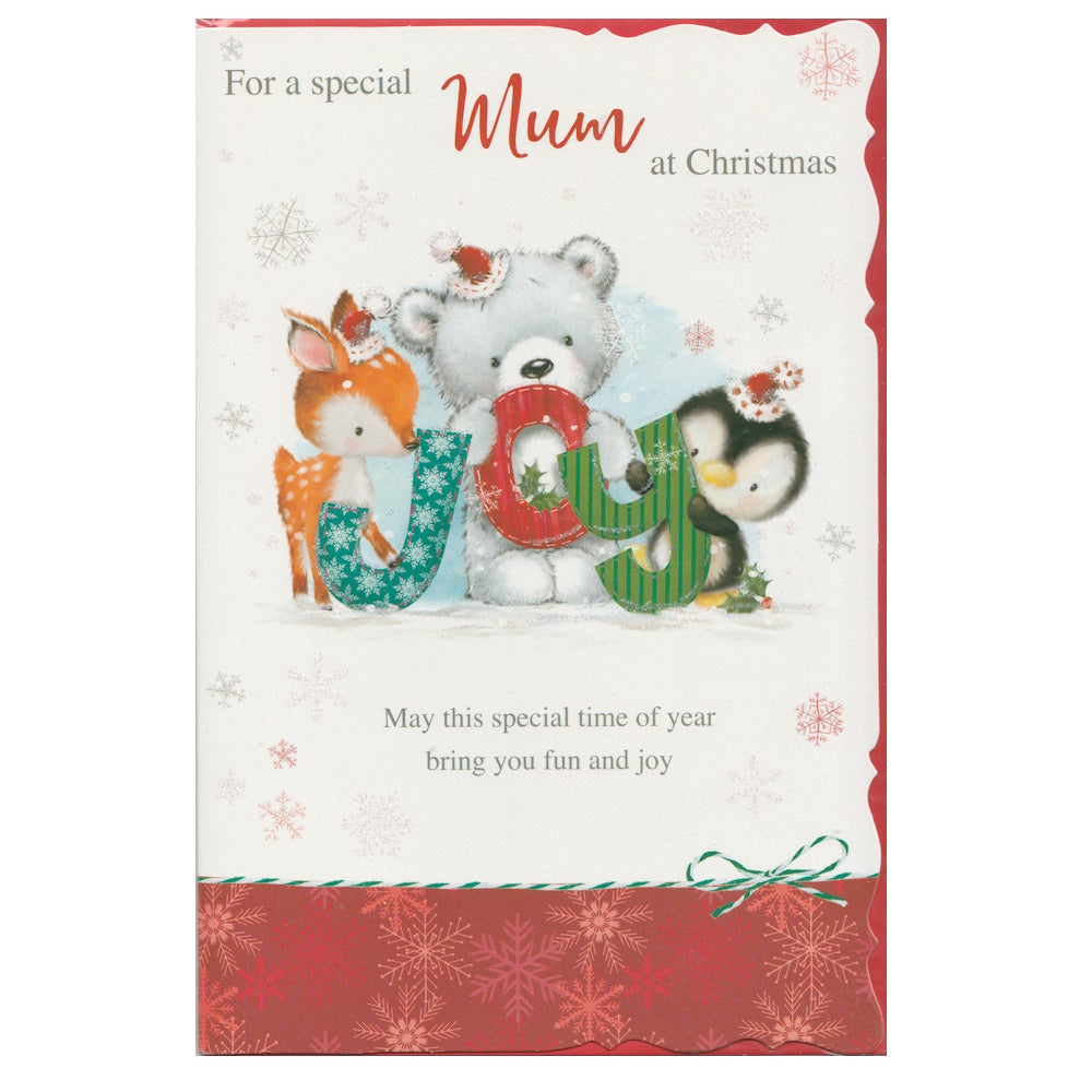 Front of this mum Christmas card features an illustration of a penguin, reindeer and teddy bear, in a snowy scene, paired with a message.