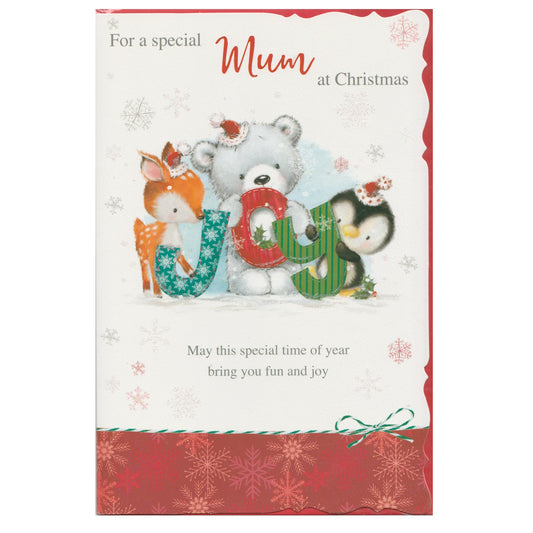 Front of this mum Christmas card features an illustration of a penguin, reindeer and teddy bear, in a snowy scene, paired with a message.