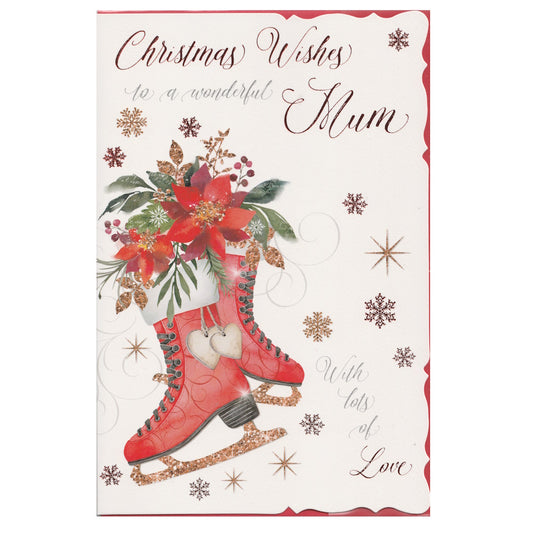 Front of this mum Christmas card features an illustration of a pair of ice skates filled with poinsettia flowers, paired with a message.