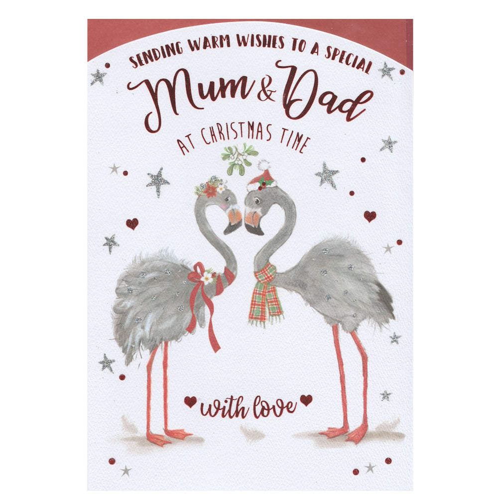 Front of this mum & dad Christmas card features an illustration of two flamingoes dressed for Christmas standing under a sprig of mistletoe, paired with a message.
