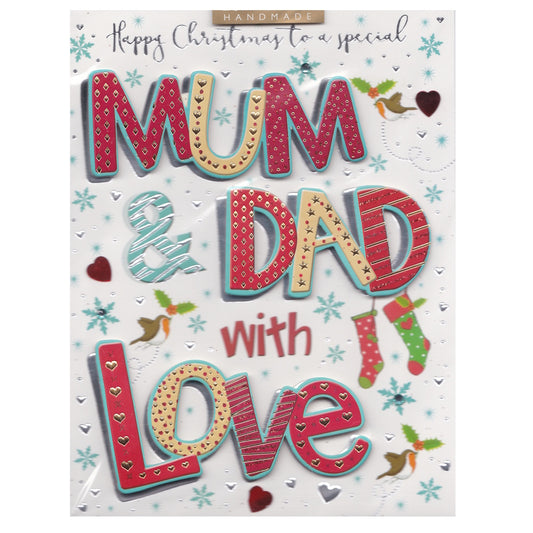Front of this mum & dad Christmas card features illustrations of robins, love hearts, stockings and snowflakes, with the text 'Merry Christmas to a special MUM & DAD with LOVE'.