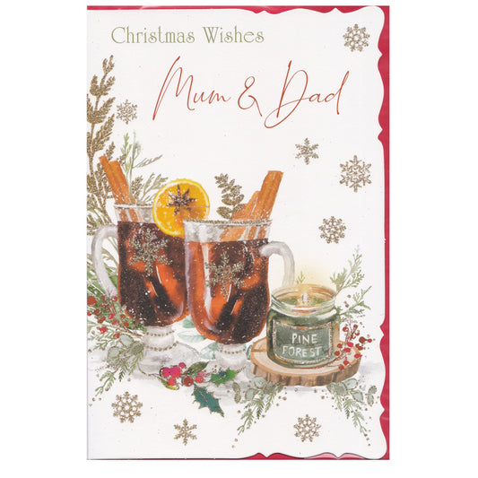 Front of this mum and dad Christmas card features an illustration of two glasses of mulled wine and a lit Christmas candle with the text 'Christmas Wishes Mum & Dad'.