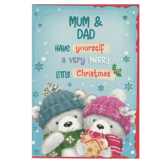 Front of this mum & dad Christmas card features an illustration of teddy bears wearing Christmas hats, with the text 'MUM & DAD HAVE yourself a very MERRY LiTTLe Christmas'.