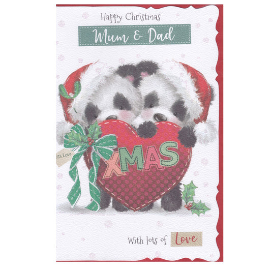 Front of this mum and dad Christmas card features an illustration of two pandas wearing Christmas hats holding a huge heart with the text 'XMAS'.