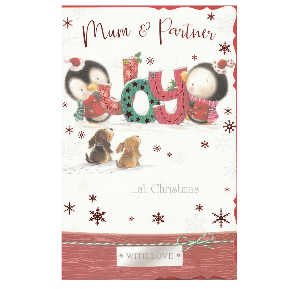 Front of this mum & partner Christmas card features an illustration of two penguins and puppies with the text 'Mum &amp; Partner' 'Joy ...at Christmas', in a snowy scene.