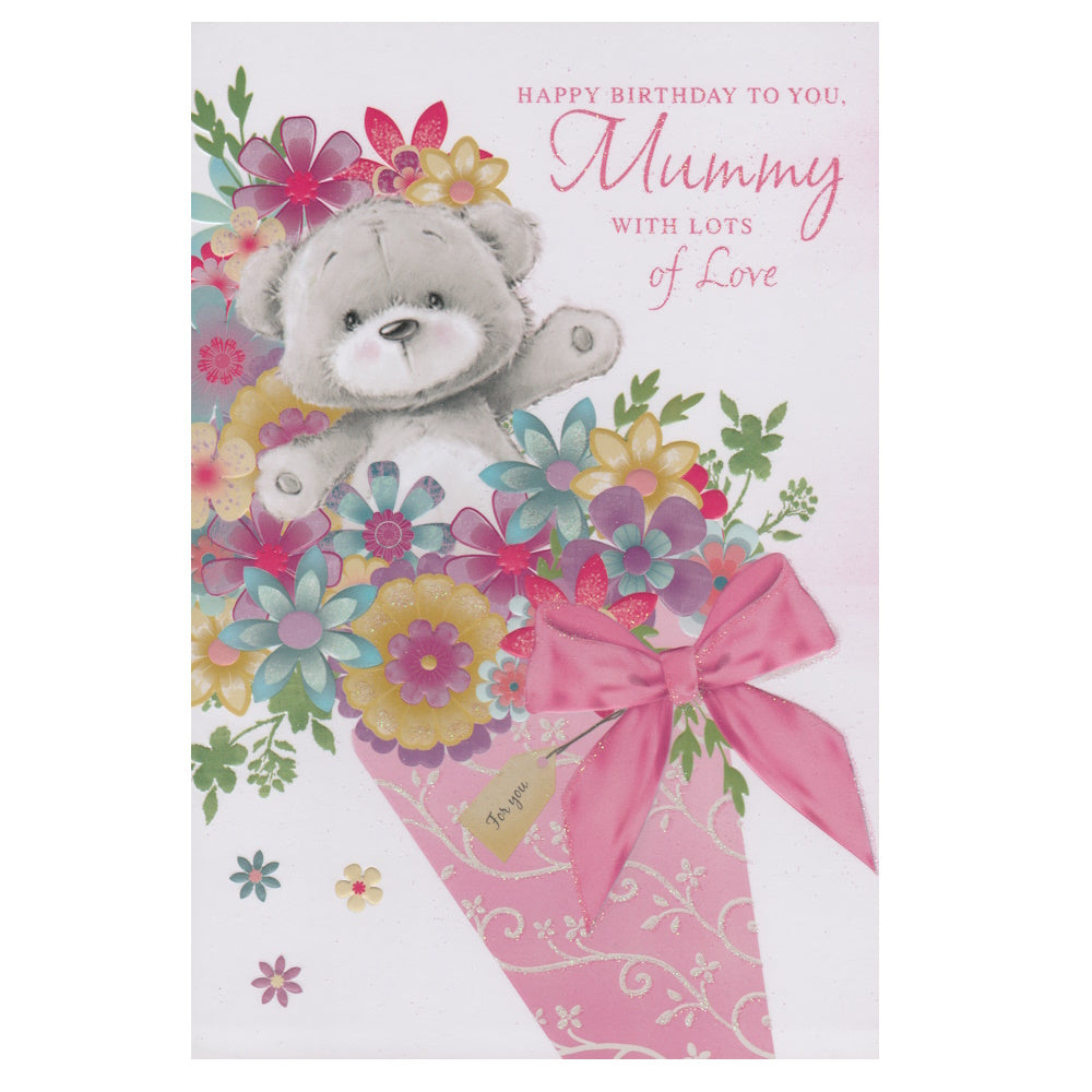 Front of this card features an illustration of a bear sat in a pink cone filled with flowers, paired with a message.