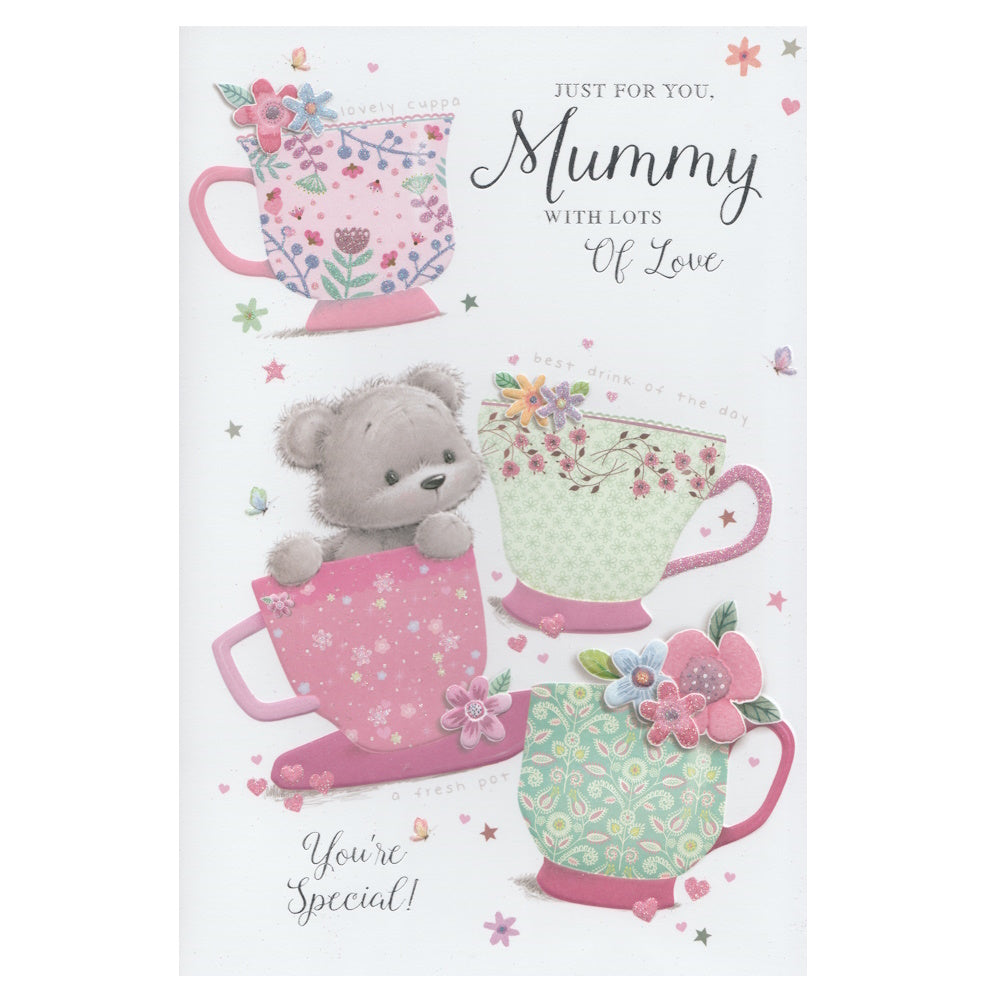 Front of this card features an illustration of teddy bear and four colourful tea cups, paired with a message.