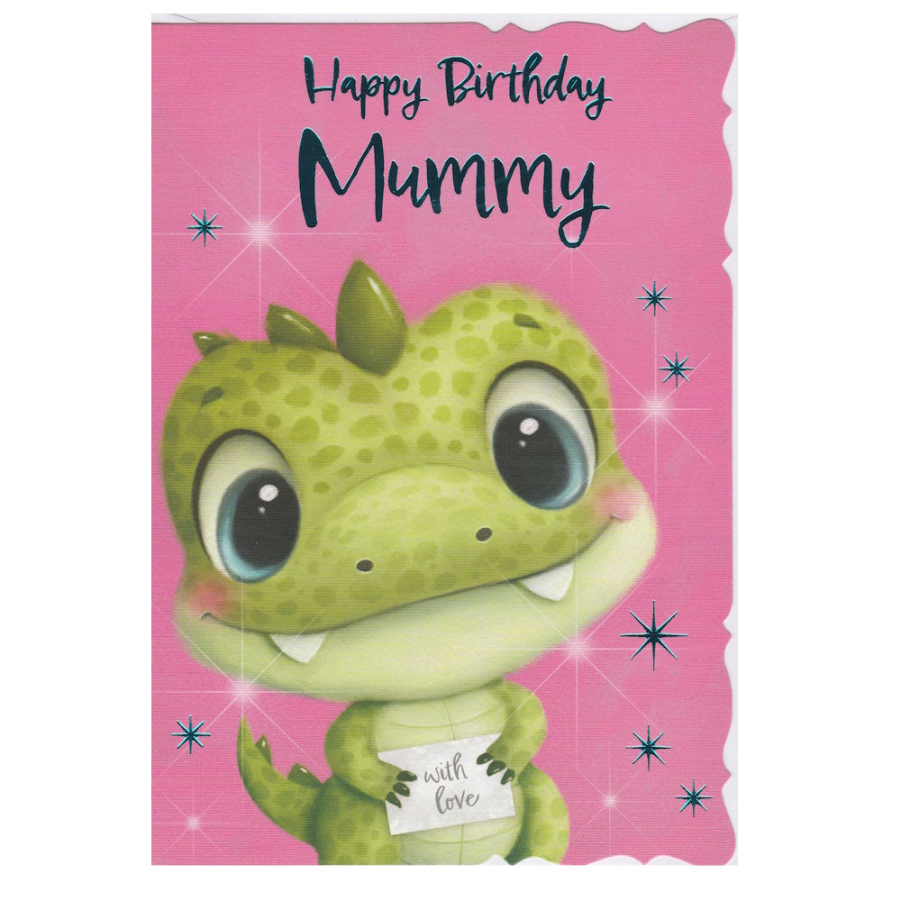 Front of this card features an illustration of a green dragon with the text 'Happy Birthday Mummy'.
