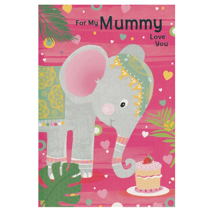 Front of this card features an illustration of an elephant with a Birthday cake on a pink background, paired with a message.