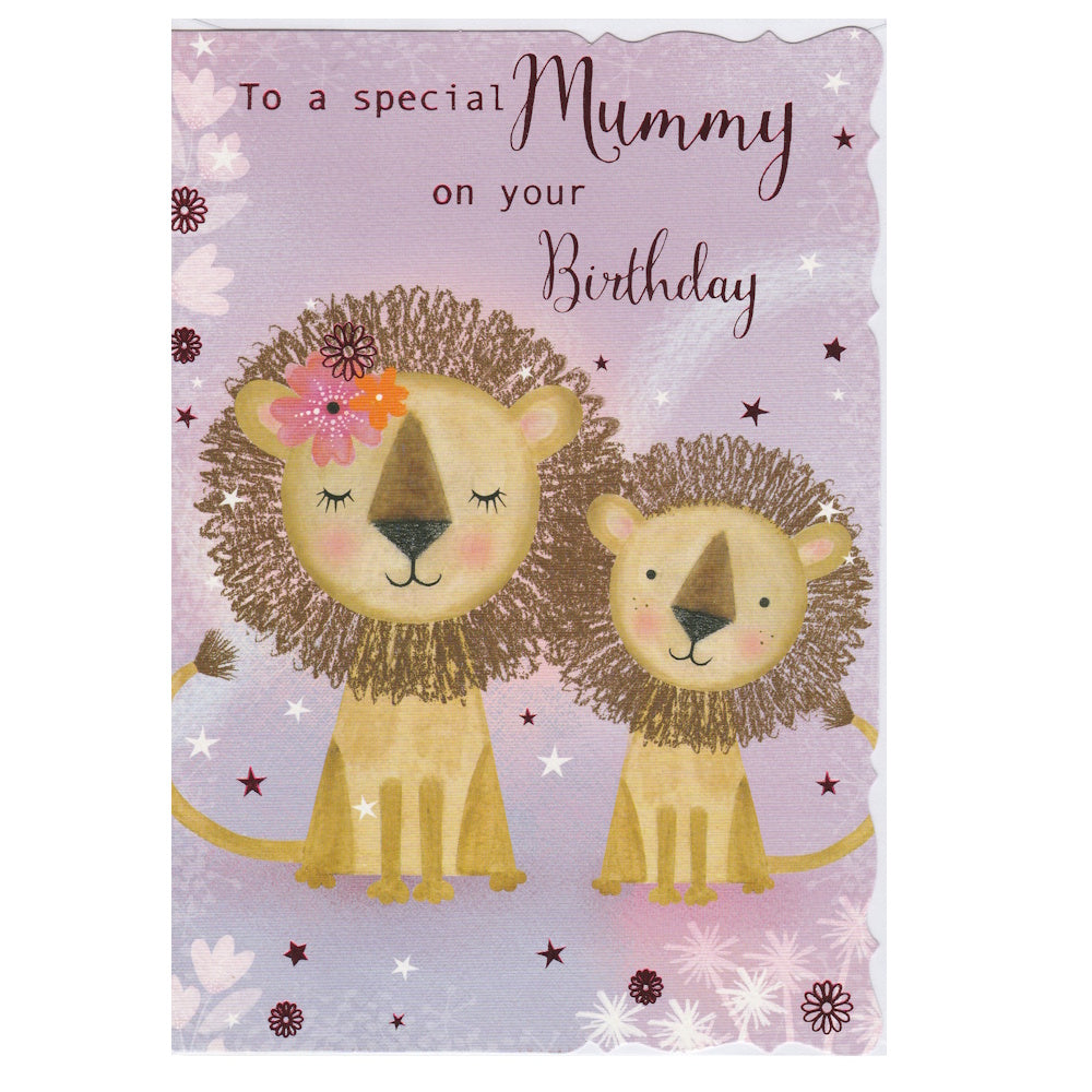 Front of this card features an illustration of an illustration of two lions with the text 'To a special mummy on your Birthday'.