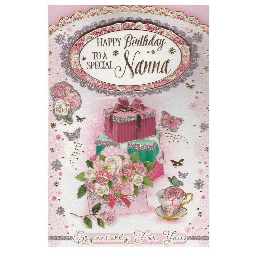 Front of this card features an illustration of a bunch of roses, tea cup and a gift box, paired with a message.