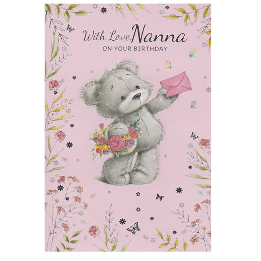 Front of this card features an illustration of a teddy bear holding a pink envelope on a floral background, with the text 'With Love Nanna On Your Birthday'.