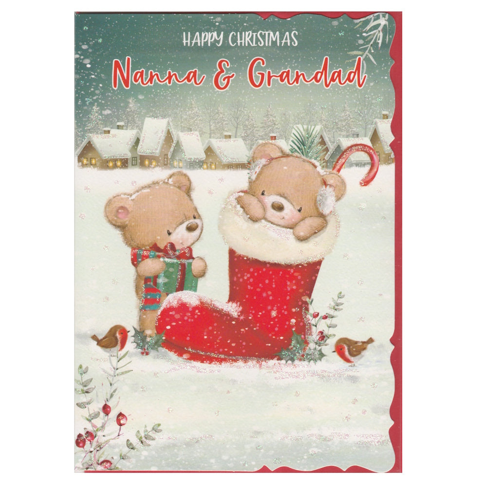 Front of this nanna & grandad Christmas card features an illustration of two teddy bears with one in a large red Christmas stocking, with the text 'HAPPY CHRISTMAS Nanna & Grandad''.