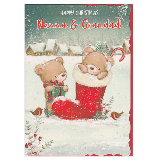 Front of this nanna & grandad Christmas card features an illustration of two teddy bears with one in a large red Christmas stocking, with the text 'HAPPY CHRISTMAS Nanna & Grandad''.