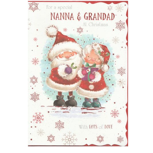 Front of this nanna & grandad Christmas card features an illustration of a couple dressed for Christmas surrounded by red foil snowflakes, paired with a message.