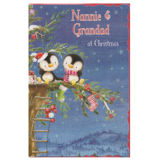 Front of this nannie and grandad Christmas card features an illustration of a two penguins sitting on a festive decorated tree branch, paired with a message.