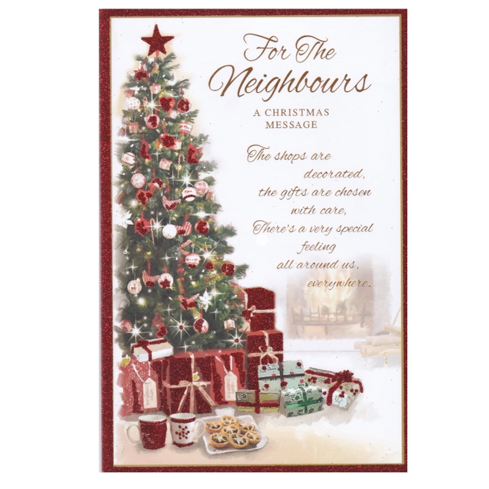 Front of this card features an illustration of a Christmas tree and presents, paired with a message.