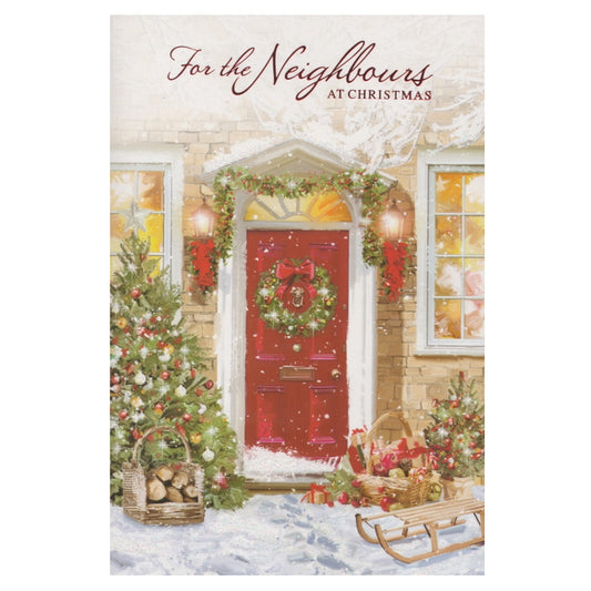 Front of this card features an illustration of Christmas trees and a wreath decorated door, paired with a message.