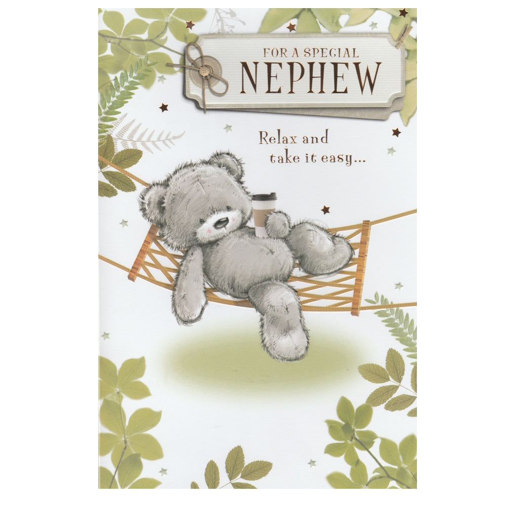 Front of this card features an illustration of a teddy bear relaxing on a hammock  surrounded by a leafy border, paired with a message.