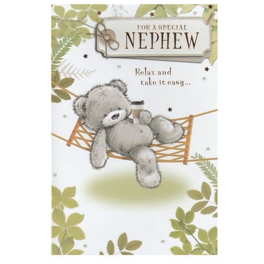 Front of this card features an illustration of a teddy bear relaxing on a hammock  surrounded by a leafy border, paired with a message.