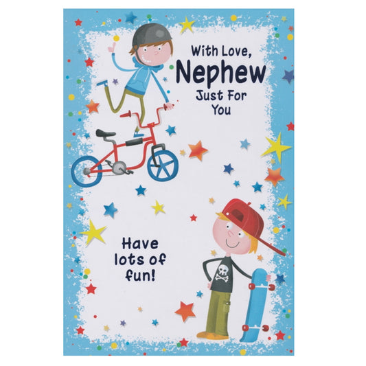 Front of this card features an illustration of two boys with a bicycle and a skateboard with the text 'With Love, Nephew Just For You. Have lots of fun!', as shown in product photo.