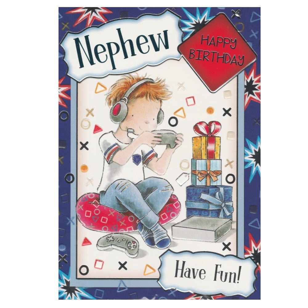 Front of this nephew birthday card features an illustration of a boy gaming with a controller, paired with a message.