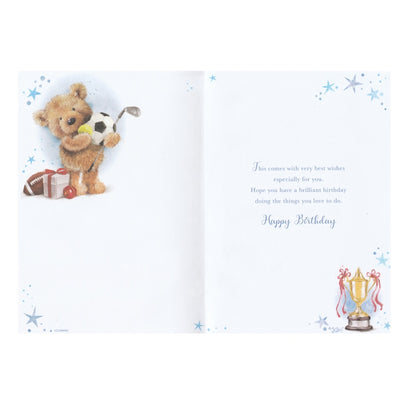 Front of this card features an illustration of a teddy bear holding a golf club and a football with the text 'To A Special Nephew Have A Great Birthday'.