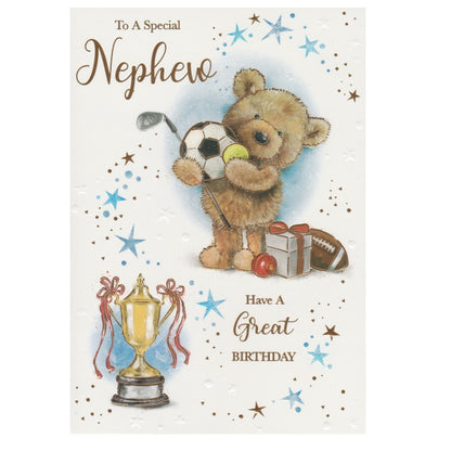 Front of this card features an illustration of a teddy bear holding a golf club and a football with the text 'To A Special Nephew Have A Great Birthday'.