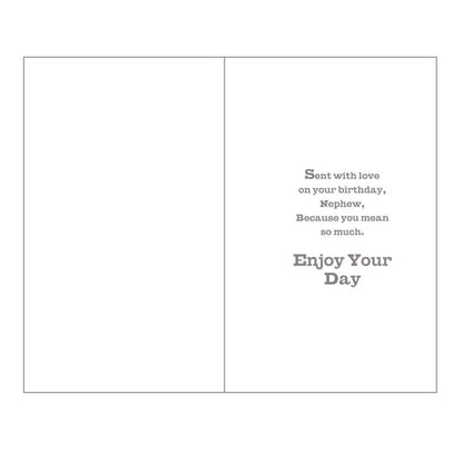 Front of this card features an illustration of teddy bears with the text 'NEPHEW HAVE A GREAT DAY'.