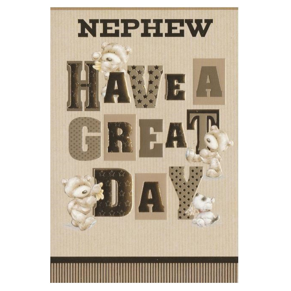 Front of this card features an illustration of teddy bears with the text 'NEPHEW HAVE A GREAT DAY'.