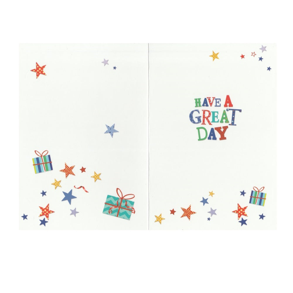 Front of this nephew birthday card features party poppers, presents and the text 'Nephew Happy Birthday'.
