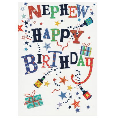 Front of this nephew birthday card features party poppers, presents and the text 'Nephew Happy Birthday'.