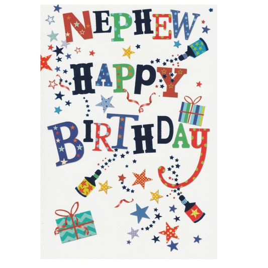 Front of this nephew birthday card features party poppers, presents and the text 'Nephew Happy Birthday'.