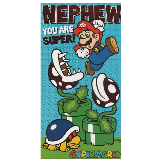 Front of this nephew birthday card features an illustration of Mario and piranha plants, paired with a message.