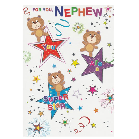 Front of this nephew birthday card features an illustration of teddy bears with colourful stars, paired with a message.