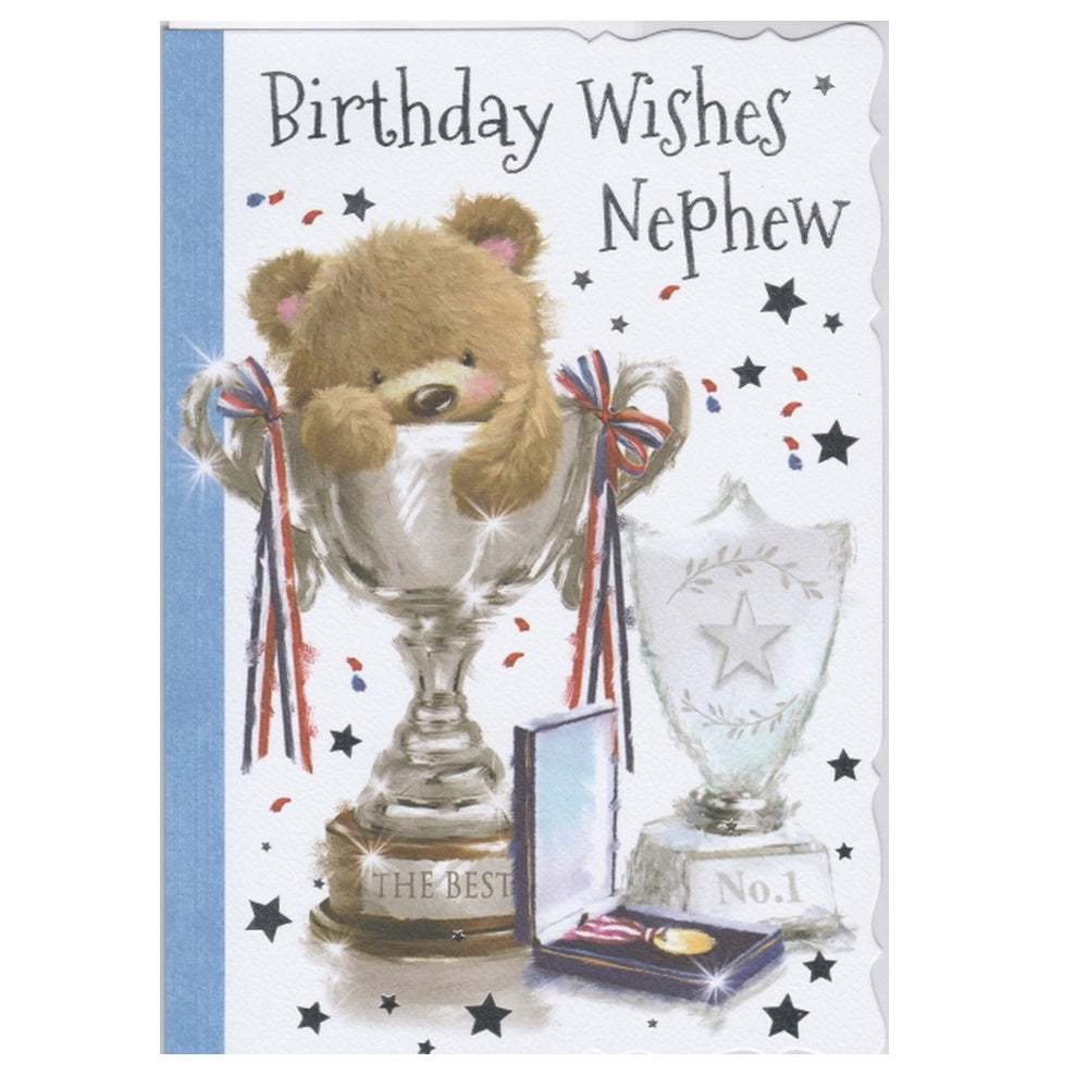 Front of this card features an illustration of a bear with trophies and a medal with the text 'Birthday Wishes Nephew'